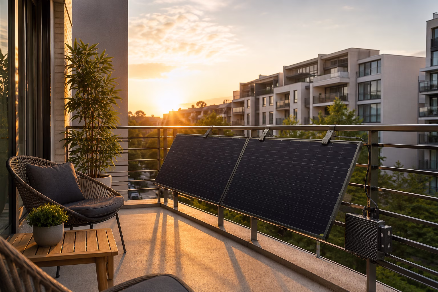 Modern apartment balcony with plug-in solar panels during warm evening light
